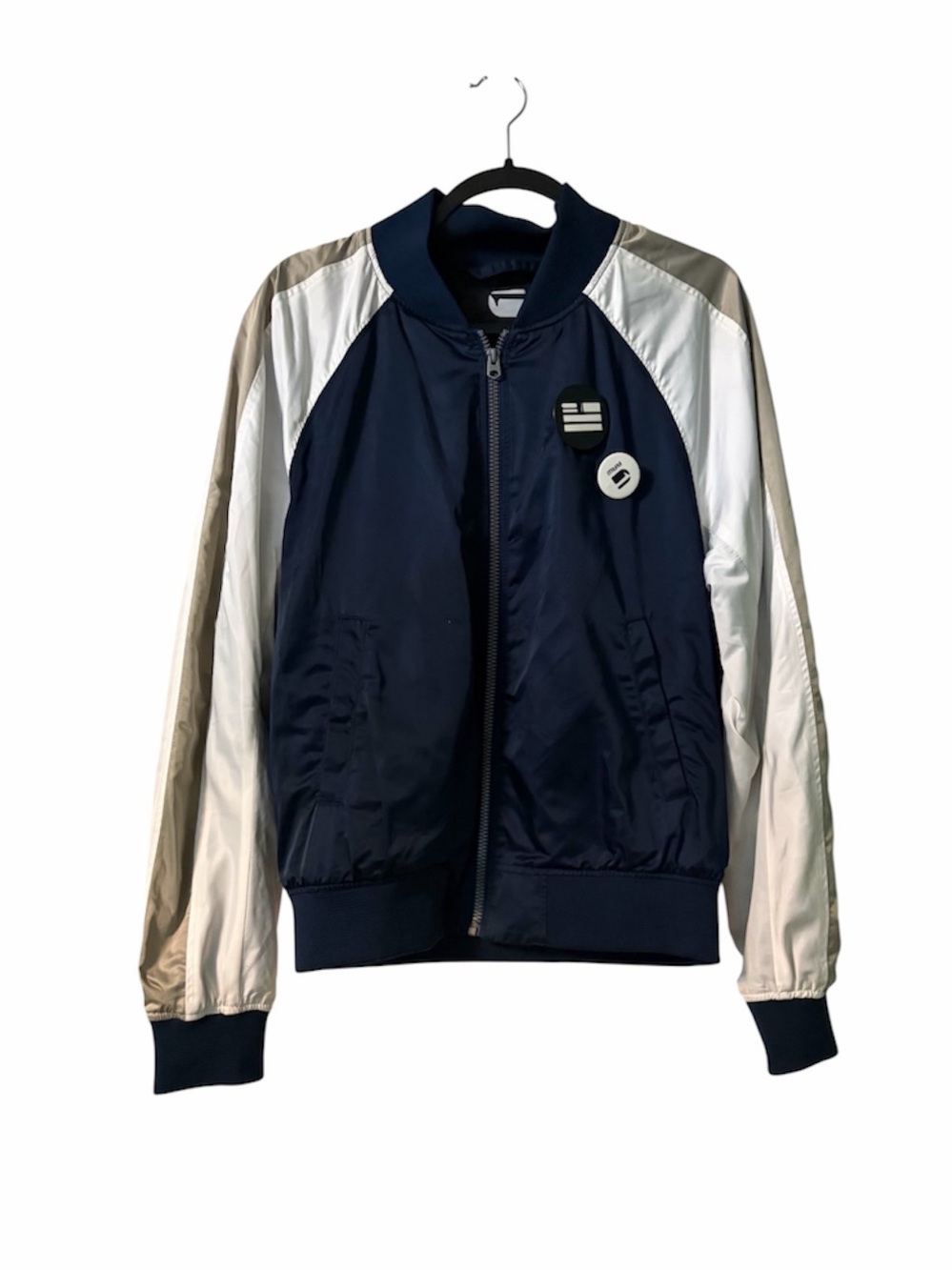 G-Star Navy Colorblock Bomber Jacket with Silver and Cream Sleeves